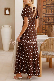 Robe longue à pois – Robe de vacances à manches courtes et col en V