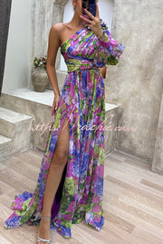 Floral Print One-Shoulder Pleated Maxi Dress with Slit