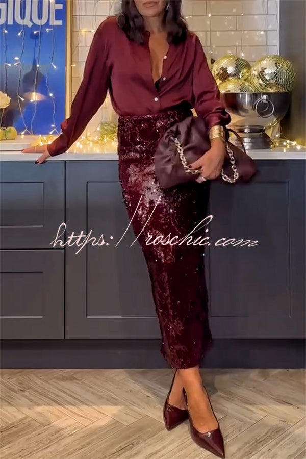 Satin Button-Up Blouse | Long Sleeve Loose Party Top