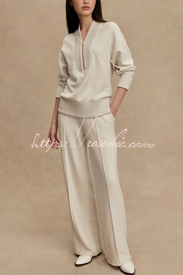 Ribbed Zipper Neck Sweatshirt & Loose Pants Set