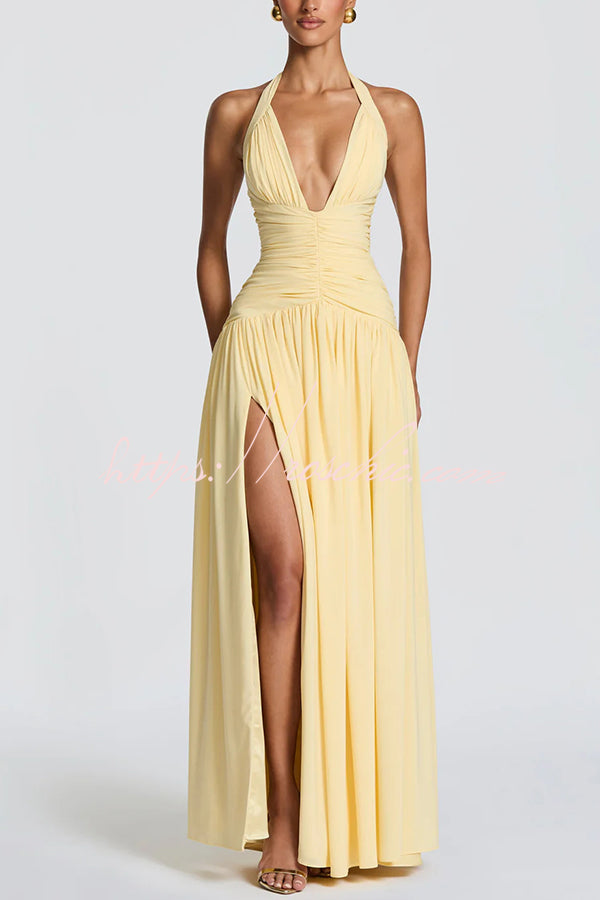 Chiffon Halter Maxi Dress with Lace-Up Back and Side Slit