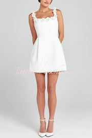 Faux Pearl Flower Applique Square Neck Mini Dress with Pockets
