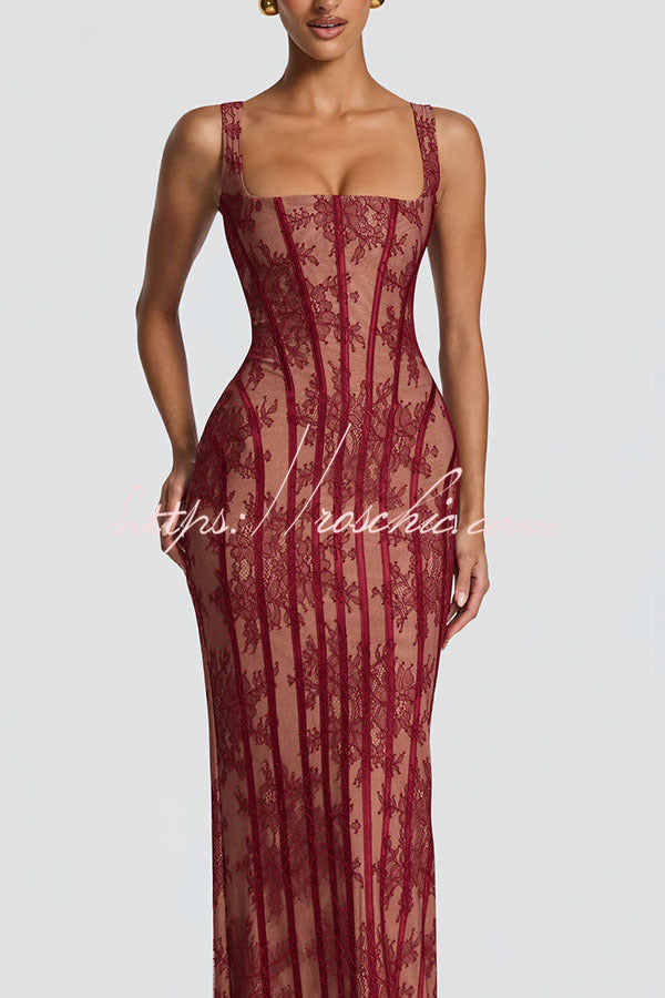 Floral Lace Square Neck Lace-Up Slit Maxi Dress