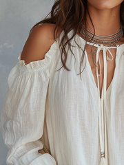 Ivory Tie-Neck Peasant Blouse with Long Sleeves