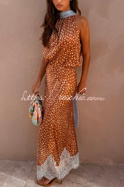 Fawn Print Satin Maxi Skirt with Lace Trim, Mid Rise