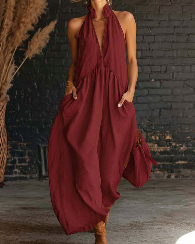 Sleeveless Plunge Stand Collar Maxi Dress with Pockets