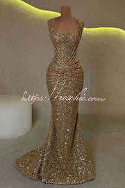 Sequin Halter Maxi Dress with Ruched Waist & Lace-Up Back