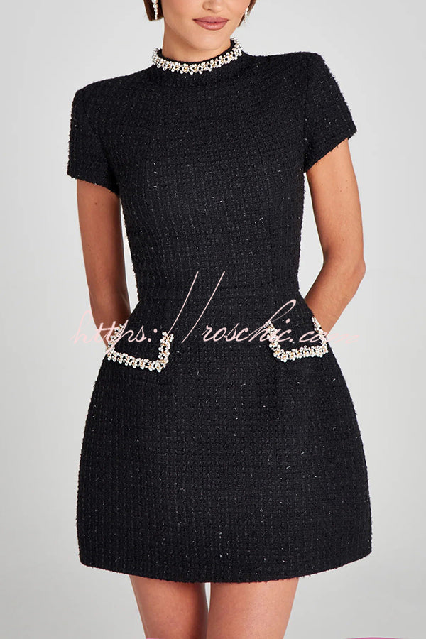 Tweed Pearl Trim Mini Dress with Pockets & Cap Sleeves