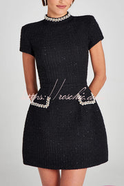 Tweed Pearl Trim Mini Dress with Pockets & Cap Sleeves
