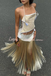 Halter Neck Lace-Up Backless Crop Top with Tassel Detail