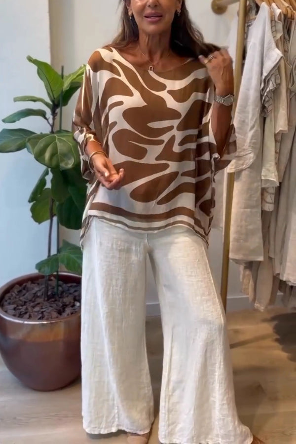 Irregular Print Chiffon Batwing Sleeve Loose Top