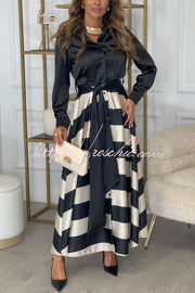 Satin Colorblock Long Sleeve Belted Maxi Shirt Dress