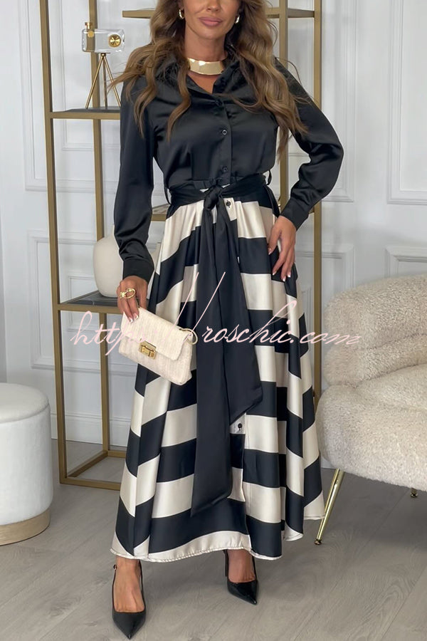 Robe chemise longue en satin color block à manches longues avec ceinture