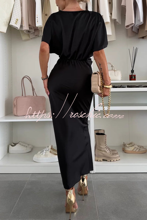 Satin V-Neck Cross Knot Slim Maxi Dress