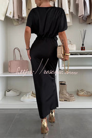 Satin V-Neck Cross Knot Slim Maxi Dress