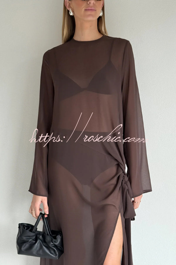 Mesh See-Through Maxi Dress with Tie Bow & Side Slit