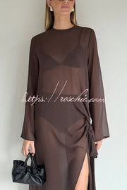 Mesh See-Through Maxi Dress with Tie Bow & Side Slit