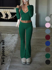 Slim-Fit V-Neck Crop Top & Pants Set