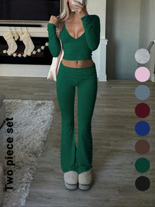 Duniii V-Neck Long Sleeve Crop Top & Flare Pants Set