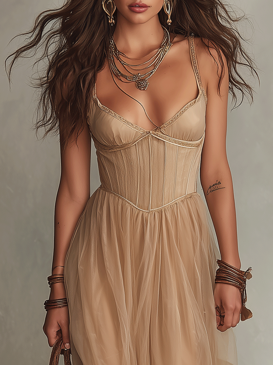 Bohemian Corset Maxi Dress in Champagne Beige