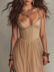 Bohemian Corset Maxi Dress in Champagne Beige