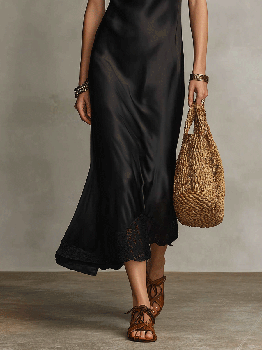 Black Satin Midi Dress with Lace Trim