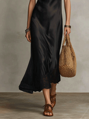 Black Satin Midi Dress with Lace Trim