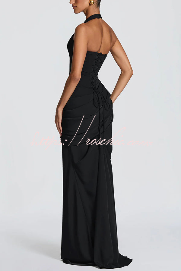 Halter V-Neck Lace-Up Back Pleated Crepe Maxi Dress