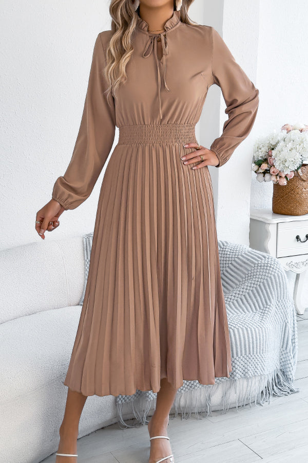 Women's Long Sleeve Pleated Midi Dress – Fitted Waist