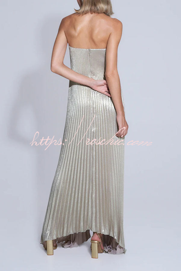 Metallic Pleated Off-Shoulder Maxi Dress with Asymmetric Hem