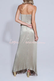Metallic Pleated Off-Shoulder Maxi Dress with Asymmetric Hem
