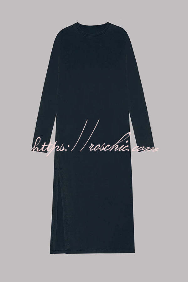 Cotton Blend Long Sleeve Midi Dress – Relaxed Fit