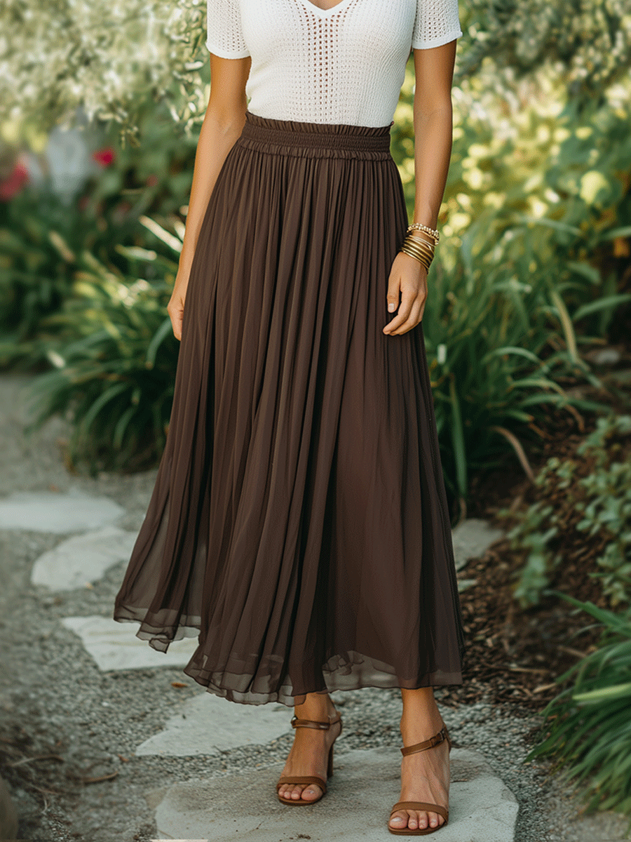 Brown & Ivory Knit Top and Pleated Maxi Skirt Set