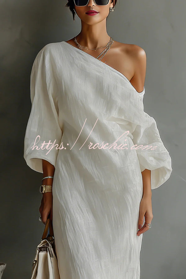 Linen Blend One-Shoulder Maxi Dress with Lantern Sleeves