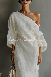 Linen Blend One-Shoulder Maxi Dress with Lantern Sleeves