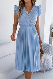 Lace-Trim V-Neck Sleeveless Pleated Midi Dress