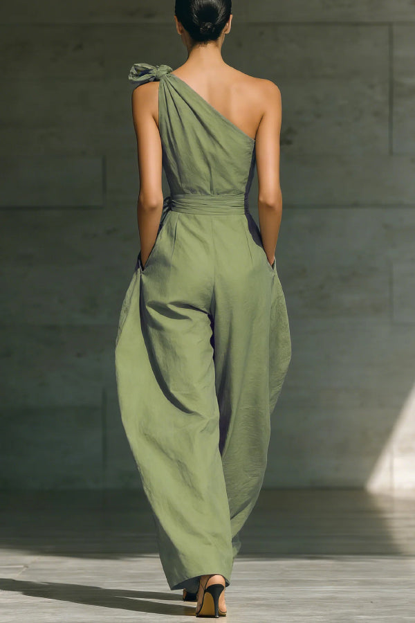 One-Shoulder Sleeveless Wide-Leg Jumpsuit with Pockets