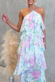 Chiffon Floral Print Halter Maxi Dress with Tiered Ruffles