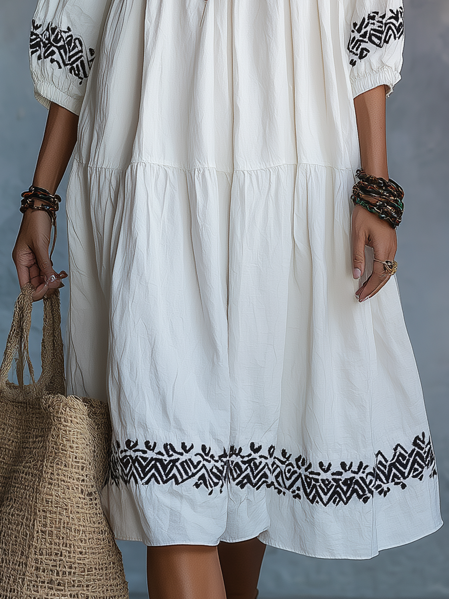 Ivory Embroidered Tiered Midi Dress with Short Sleeves