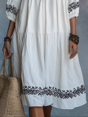 Ivory Embroidered Tiered Midi Dress with Short Sleeves