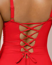 V-Neck Drawstring One-Piece Swimsuit with Adjustable Fit