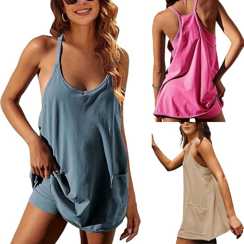 SCUSTY Women's Summer Sleeveless  Mini Dress with Built-in Shorts V Neck Spaghetti Straps Athletic Shorts Tennis Dress with Pockets