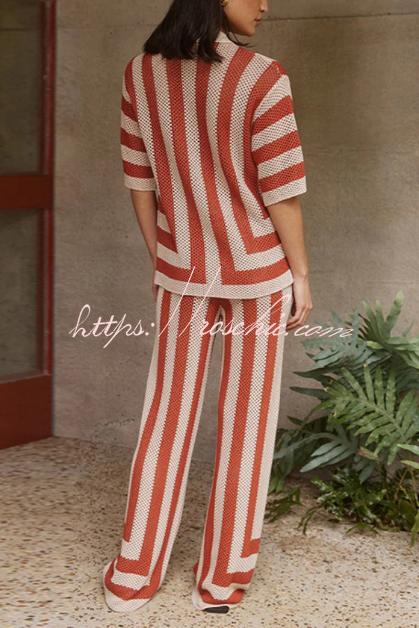 Knit Collared Short-Sleeve Top & Elastic Waist Pants Set
