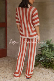 Knit Collared Short-Sleeve Top & Elastic Waist Pants Set
