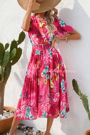 Contrast Floral Print Belted Pleated Midi Dress