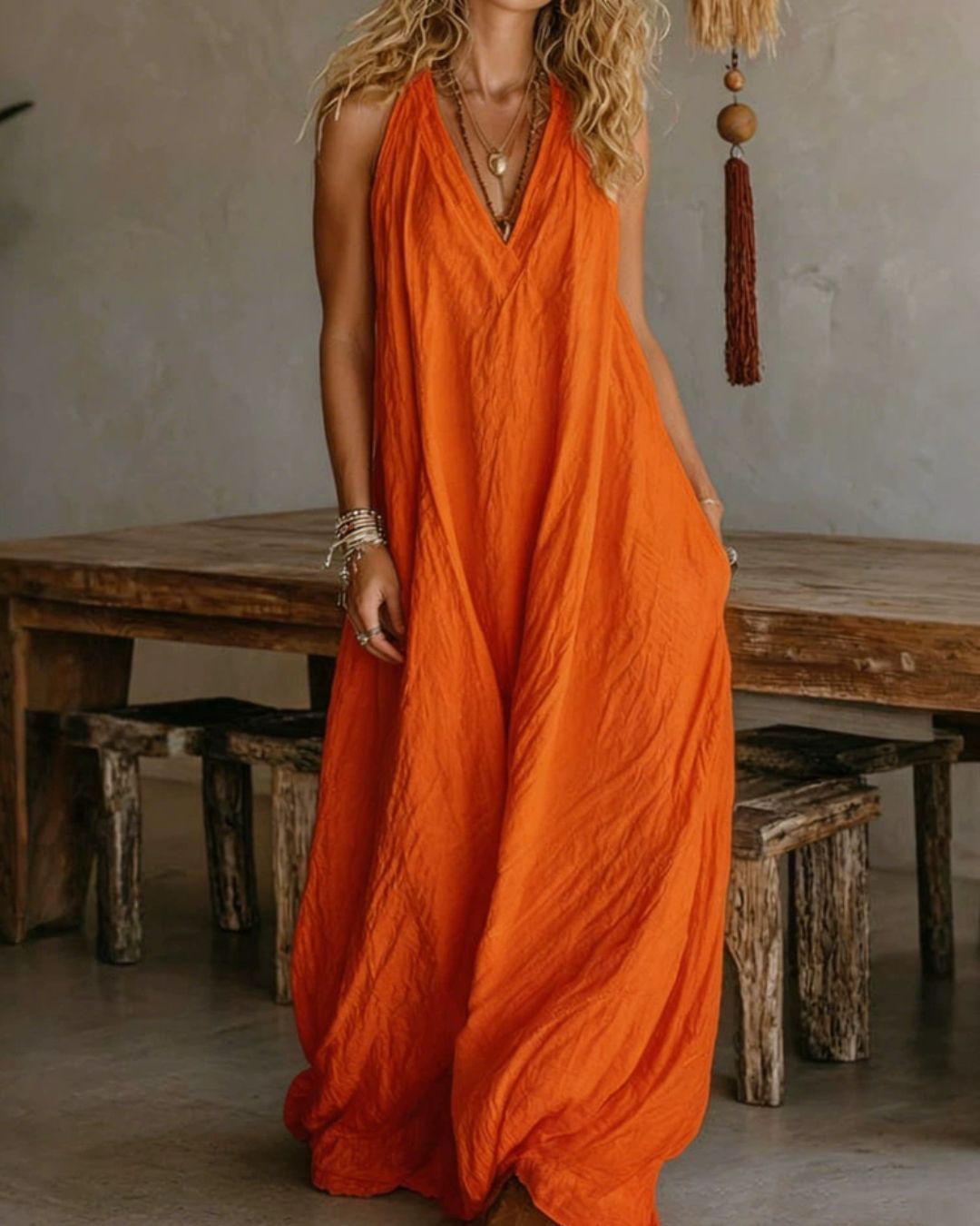 Flowy Boho V-Neck Halter Maxi Dress