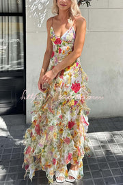 Chiffon Roses Print Ruffle Tiered Maxi Dress – V Neck