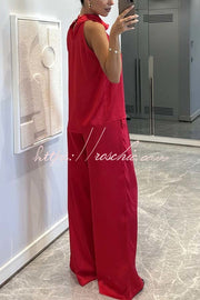 Ensemble haut à col bénitier en satin et pantalon ample | Deux pièces sans manches