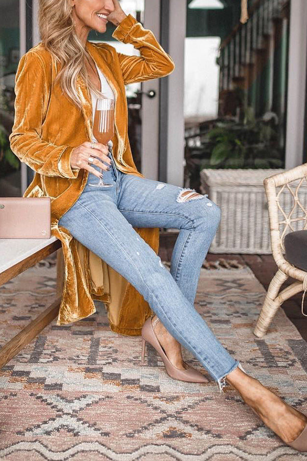 Velvet Kimono Coat – Loose Fit Calf-Length Party Jacket