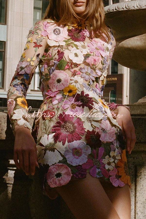 Floral Applique Backless Mini Dress with Long Sleeves
